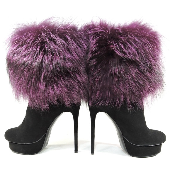 Gianmarco Lorenzi Shoes - GIANMARCO LORENZI 🇮🇹 WOMEN'S BLACK SUEDE & FOX FUR FASHION BOOTIE